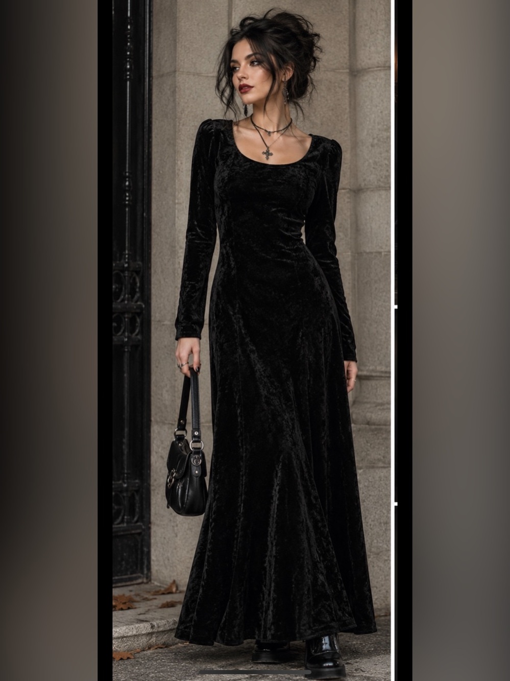 Vintage Crushed Black Velvet Long Sleeve Scoop Neck Dress Goth Size 10/12 Large